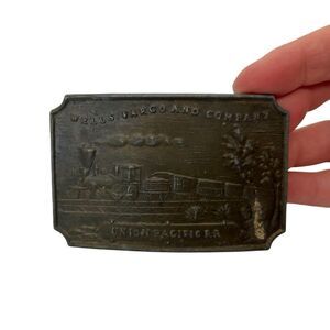 Vintage Wells Fargo & Co Union Pacific RR Railroad Brass Belt Buckle train Bank